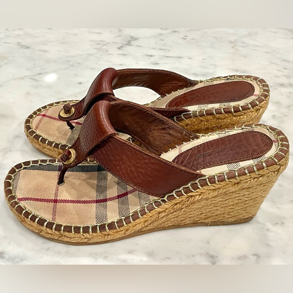 Burberry leather and plaid fabric wedges, burgundy, Burberry check, sz7, EUC - Picture 5 of 16